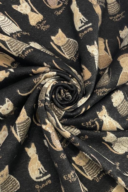 Thick Soft Cat Print Reversible Frayed Scarf Black