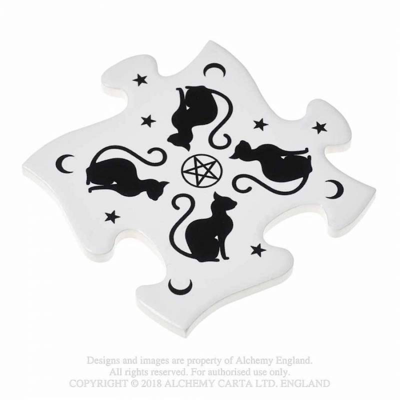 Black & White Cat Ceramic 4 Piece Jigsaw Puzzle Coaster Set Trivet