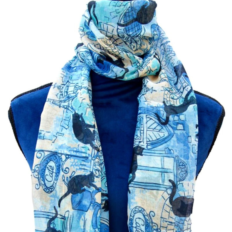 Set of 3 Cafe Cats Scarfs, Scarves, Blue and White, Blue and Yellow, Pink
