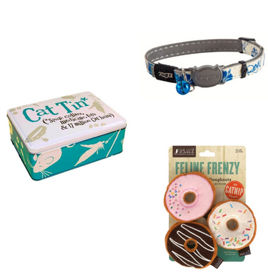 Cat Bundle - Rogz Blue Glow Cat Collar, Catnip Doughnuts, Cat Tin - Gift Set for the Cat