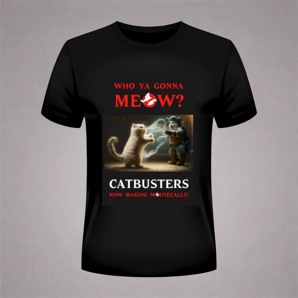 A person wearing a black Catbusters T-shirt with a graphic print of a cat dressed up as a Ghostbuster.