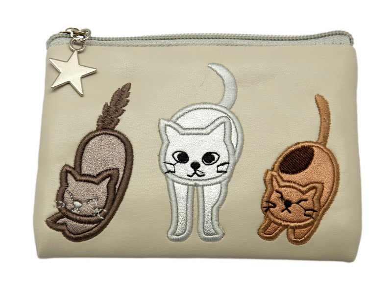 FAUX Leather Embroidered Applique Cats Small Crossbody Bag and Purse Cream - Gift Set