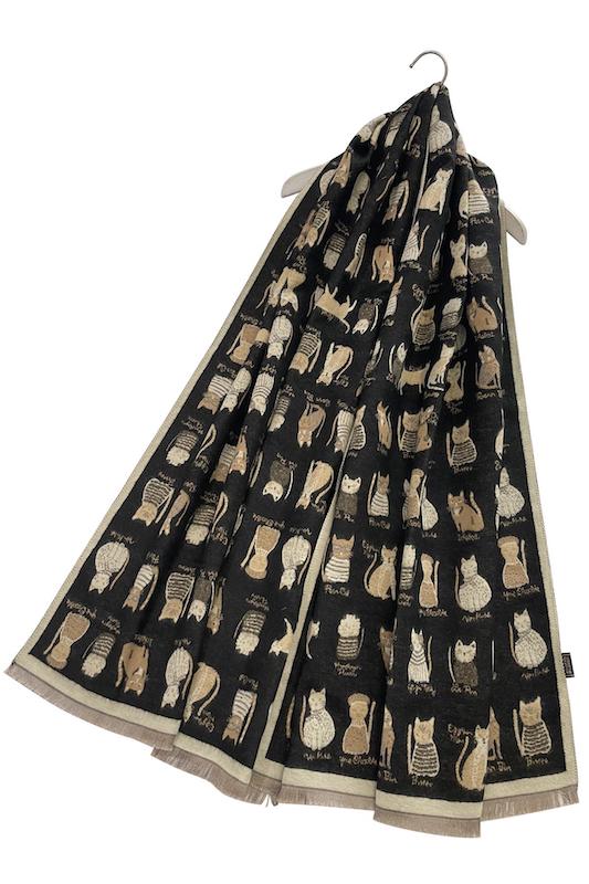 Thick Soft Cat Print Reversible Frayed Scarf Black