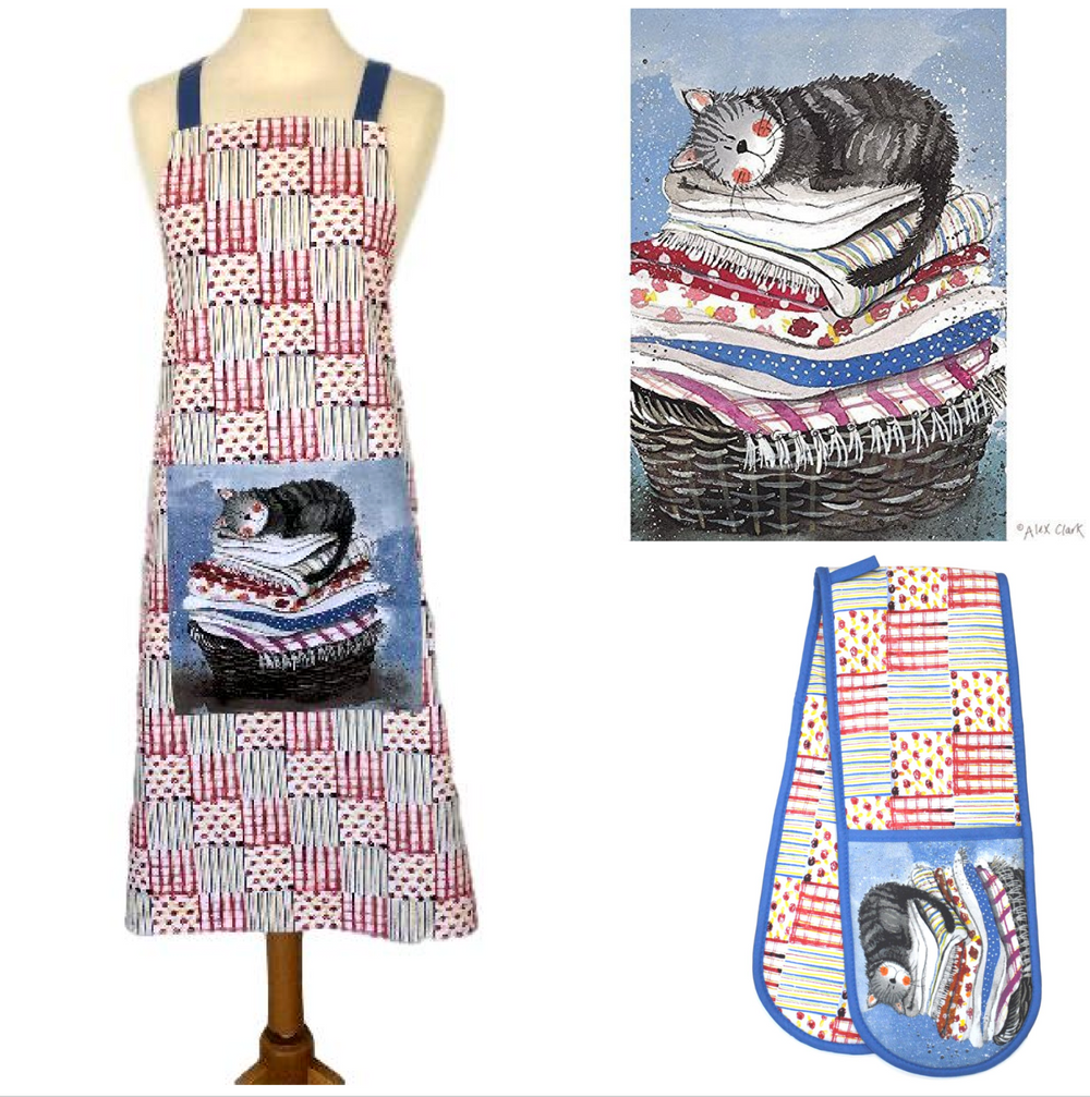 Cat Laundry Basket Double Oven Gloves, Apron and Tea Towel by Alex Clark - Gift Set