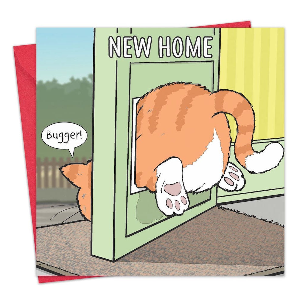 A humorous greeting card showing a cartoon of a ginger cat looking out from a door marked 'NEW HOME' with the cat saying 'Bugger!' The card is designed by Michael Canine and comes with an envelope.