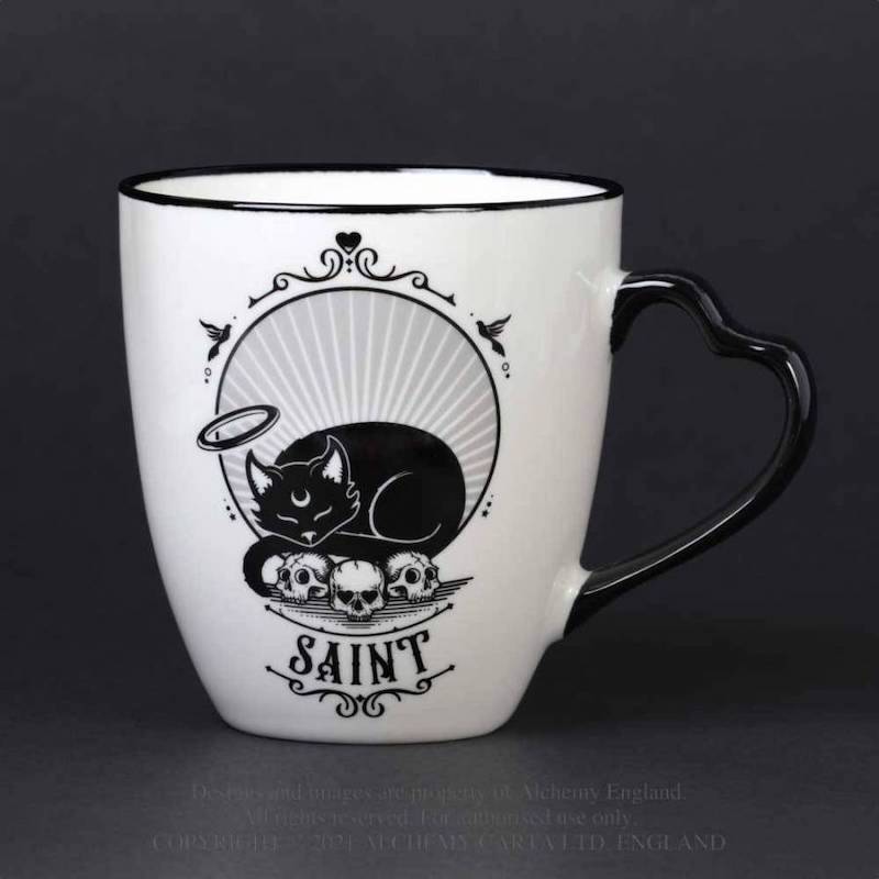 Set of 2 Gothic Saint or Sinner Feline Cat Mugs with Gift Box