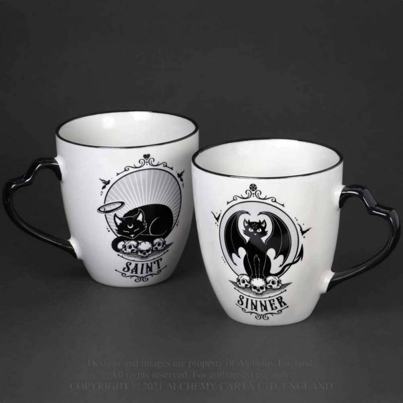 Set of 2 Gothic Saint or Sinner Feline Cat Mugs with Gift Box