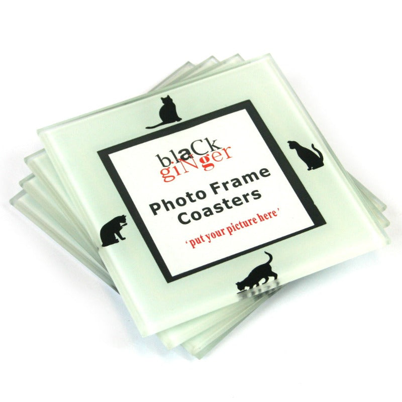 Set of 4 Glass Black Cat Photo Frame Coasters
