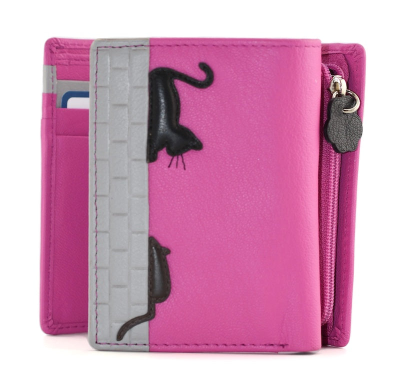 Mala Leather Cat & Mouse Tri Fold Purse Pink