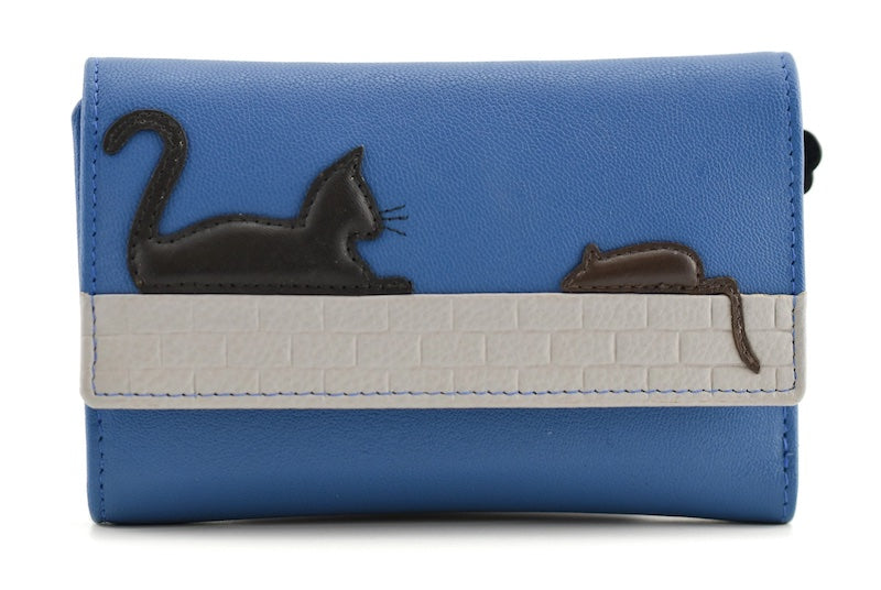 Mala Leather Cat & Mouse Large Tri Fold Purse Blue