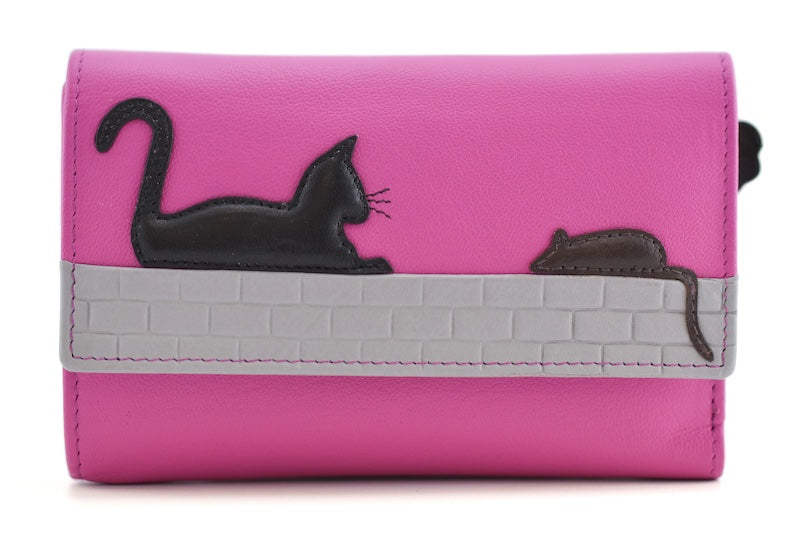 Mala Leather Cat & Mouse Large Tri Fold Purse Pink