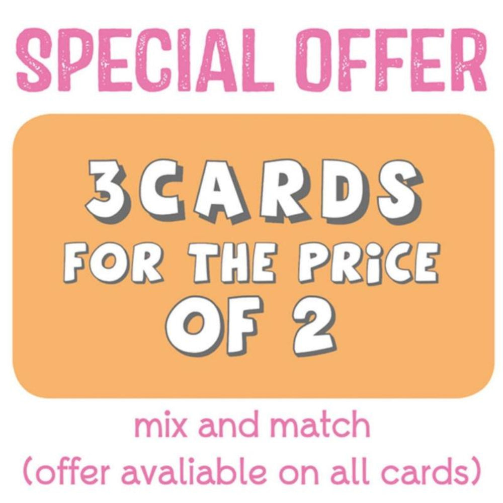 Special offer graphic with text '3 cards for the price of 2' on a yellow background
