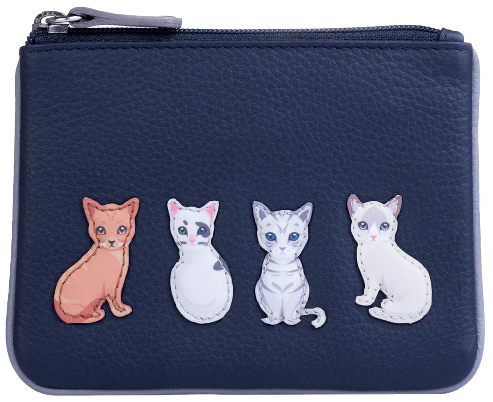 Mala Leather Best Friends Sitting Cats Coin and Card Purse Blue