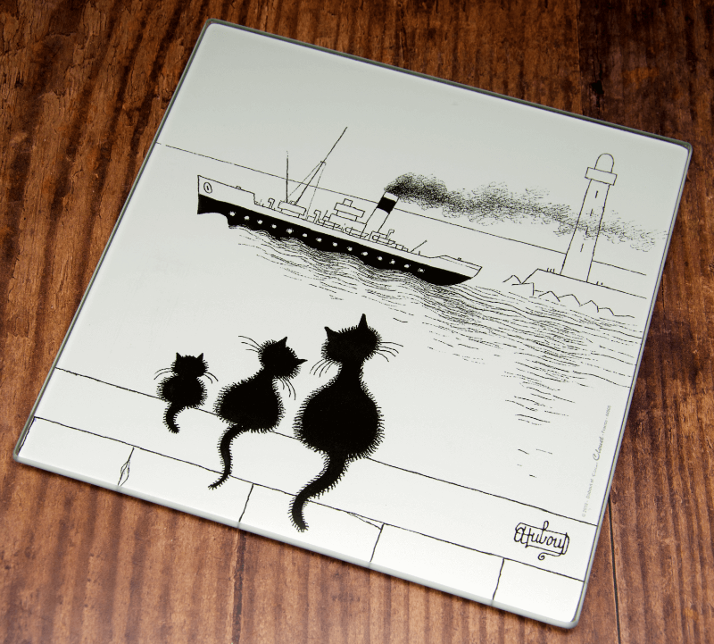 Dubout Cats - 3 Cats on the Wall Glass Trivet (3 Chats Sur Le Mur)