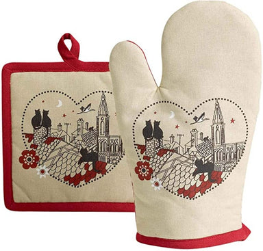 Duo of Black Cats in a Heart Beige & Red Oven Glove Gauntlet & Matching Pot Holder
