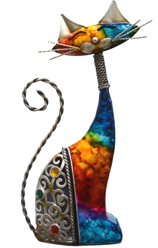 Multicoloured Metal Cat Ornament - Left Facing