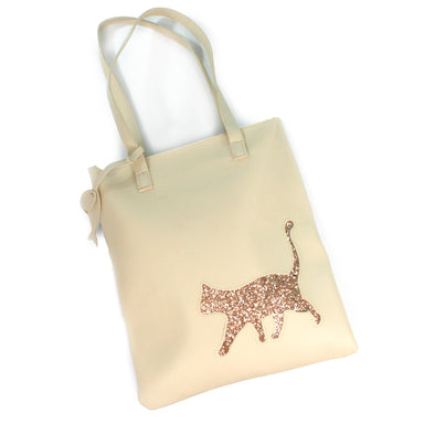 Cream & Rose Gold Glitter Cat Faux Leather Shoulder Bag