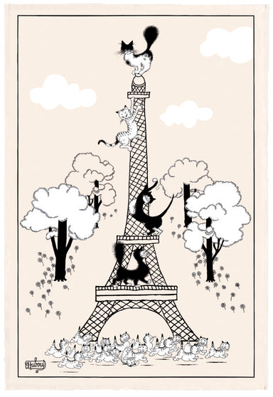 Escalade Tour Eiffel (Climbing the Eiffel Tower) Dubout Cats Tea Towel