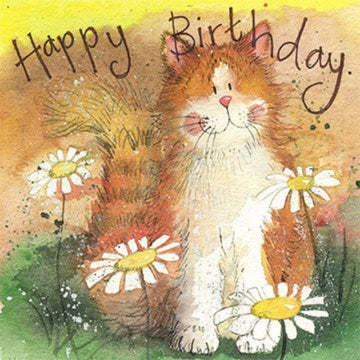 Cat & Daisies Birthday Greetings Card