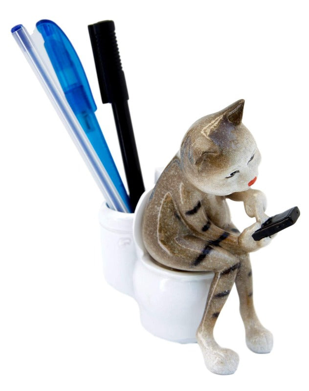 Brown Cat Texting on Toilet Ceramic Ornament Pen Holder