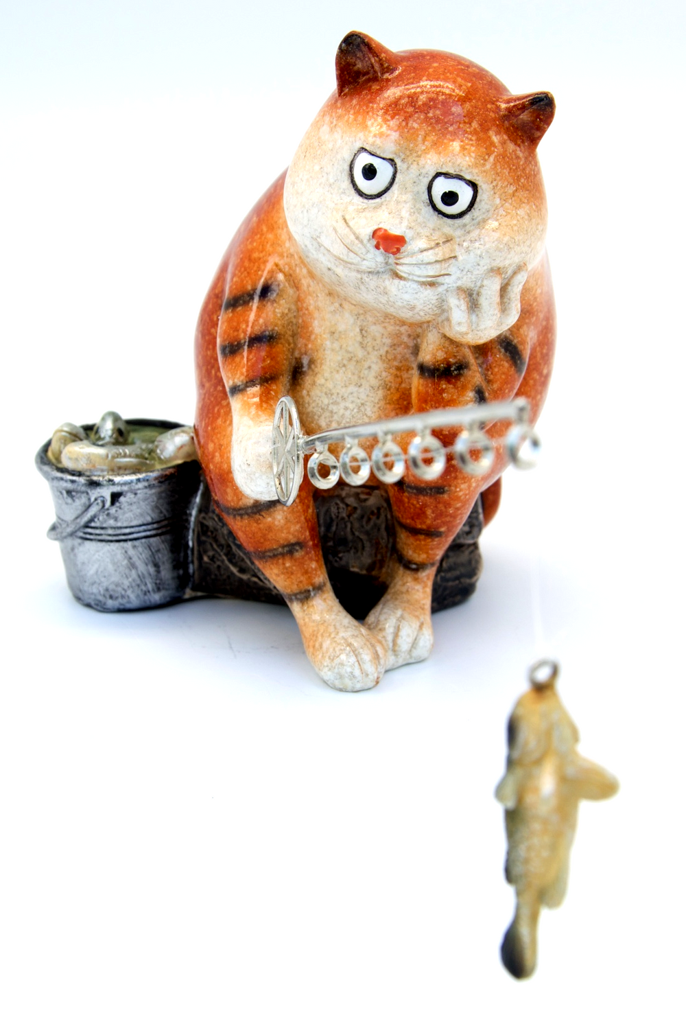 Ginger Fat Cat Waiting for Fish Ceramic Ornament