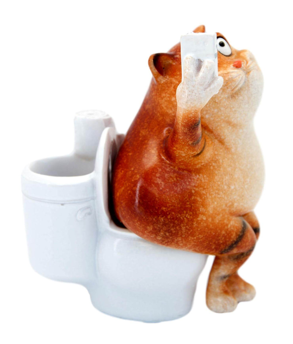 Ginger Fat Cat Taking Selfie on Toilet Ceramic Ornament Pen Holder