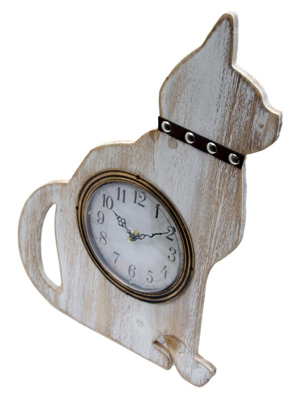 Whitewashed Wood Cat Shaped Wall Clock