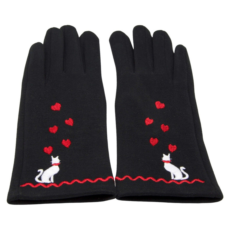 Soft Feel Cat Design Black Ladies Embroidered Gloves