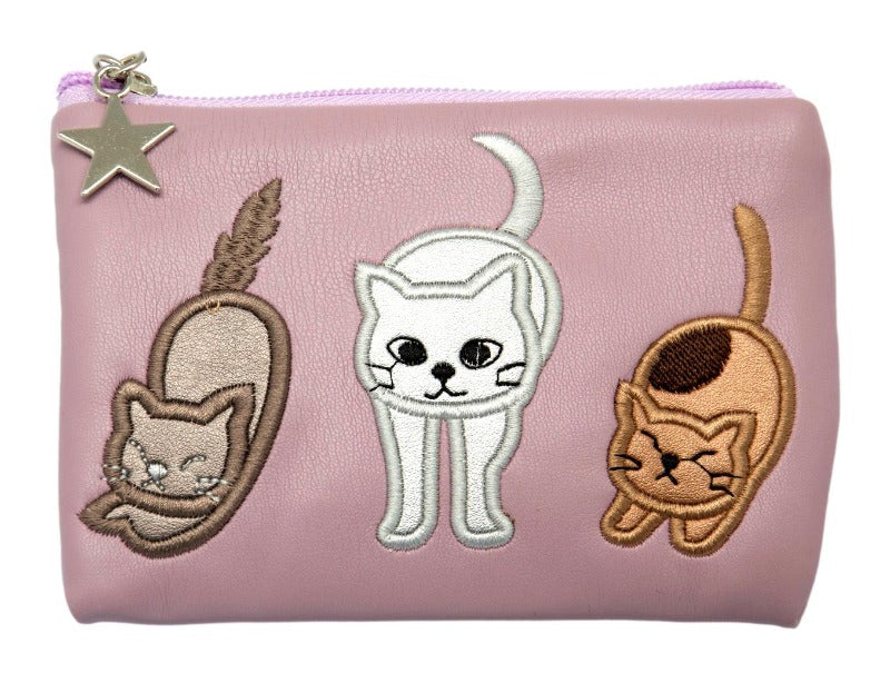 FAUX Leather Embroidered Applique Cats Ladies Coin Purse Pink