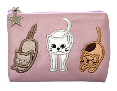 FAUX Leather Embroidered Applique Cats Ladies Coin Purse Pink