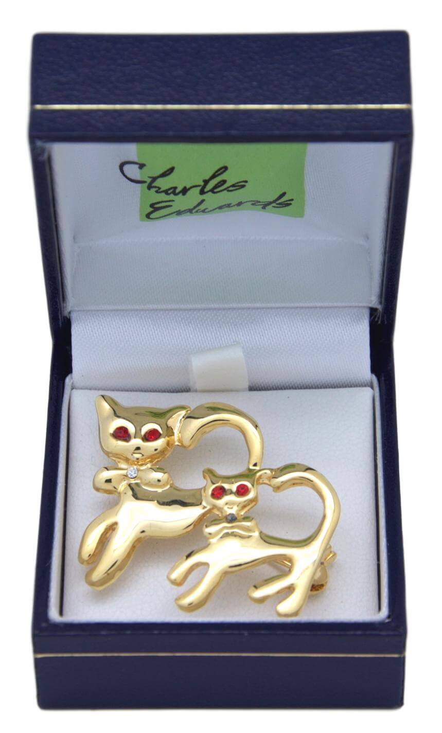 Cats with Red Eyes Gold Crystal Brooch / Scarf Pin