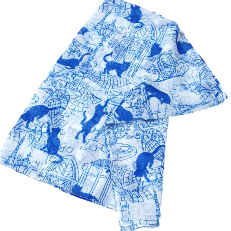 Blue & White Cafe Cats Scarf