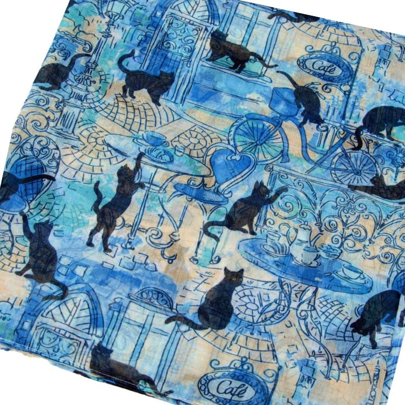 Blue & Yellow Cafe Cats Scarf
