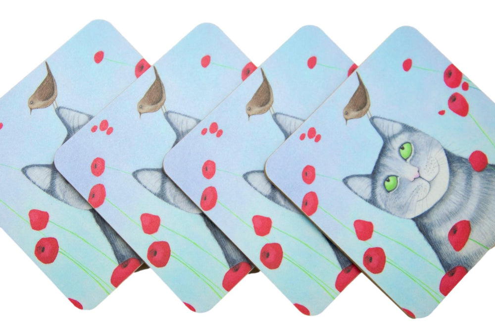 Ailsa Black Cat With Poppies Set of 4 Cat Coasters