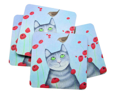 Ailsa Black Cat With Poppies Set of 4 Cat Coasters