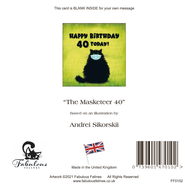 The Masketeer Cat 40th Birthday Card