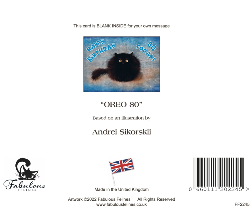 OREO - Cute Black Cat Greeting 80th Birthday Card