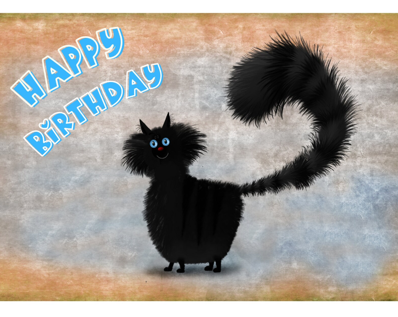 Bourbon - Cute Black Cat Greeting Birthday Card