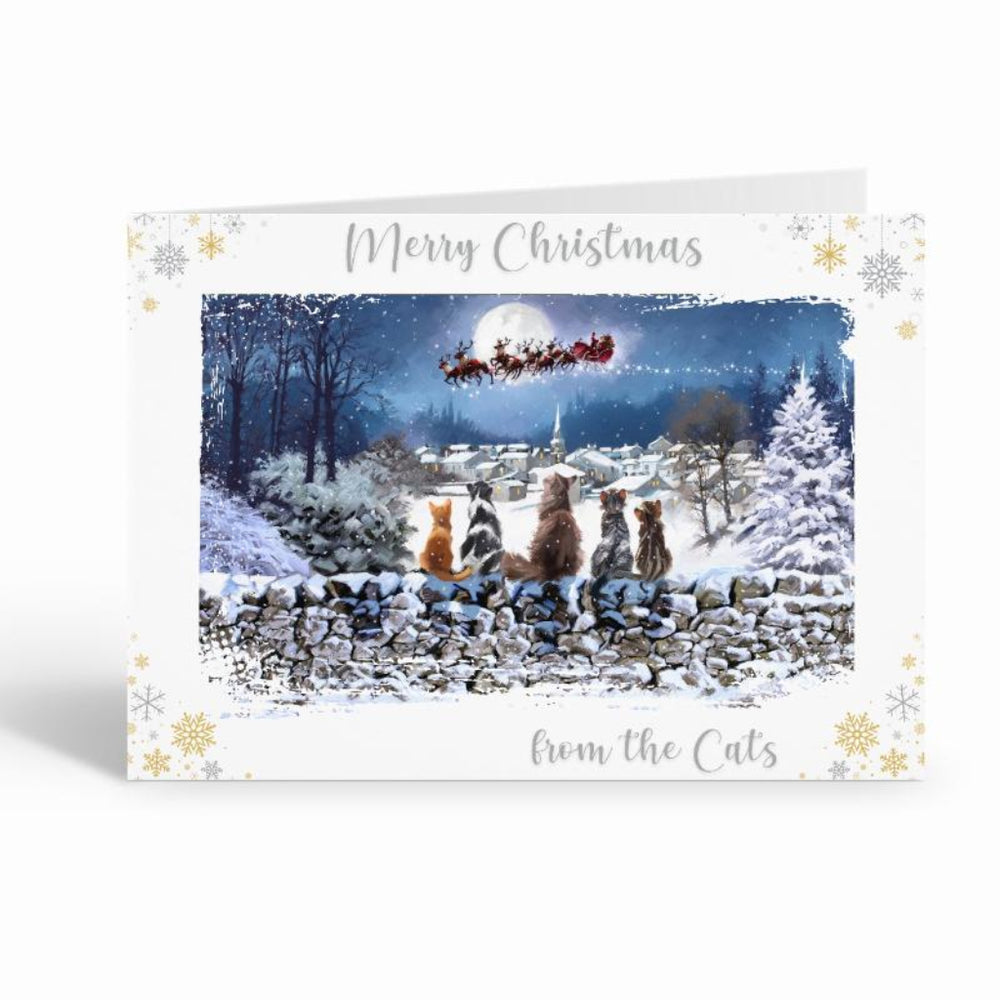 Christmas card with Santa Claus in a sleigh, dogs on a stone wall, and 'Merry Christmas from the Cats' text.
