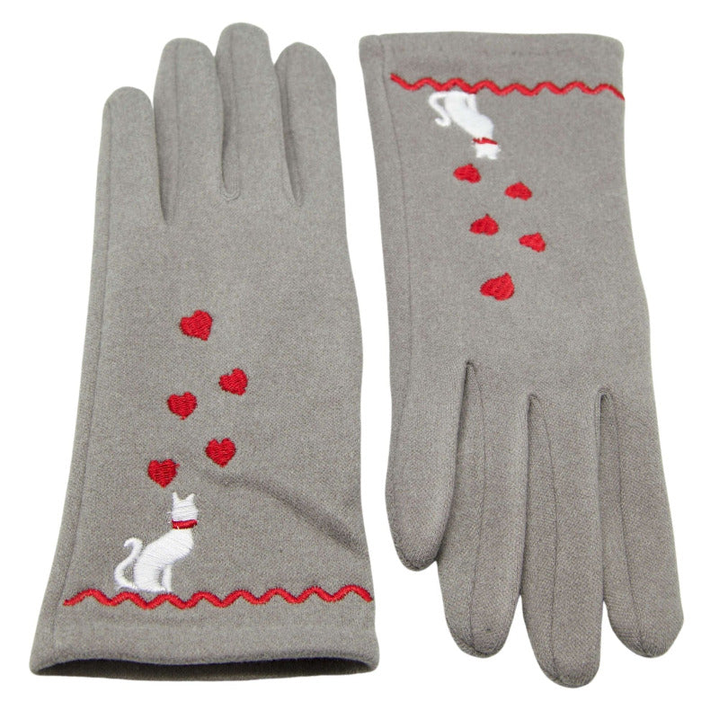 Soft Feel Cat Design Grey Ladies Embroidered Gloves