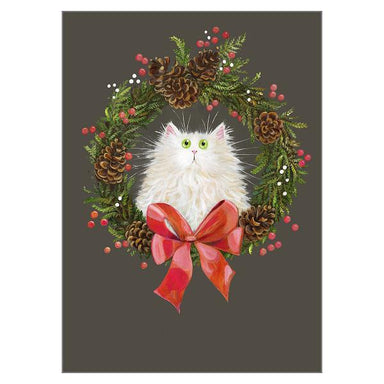 Festive Wreath White Cat Greeting Christmas Card by Kim Haskins