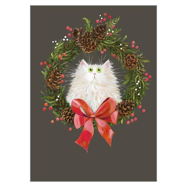 Festive Wreath White Cat Greeting Christmas Card by Kim Haskins