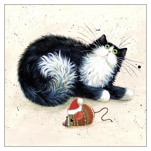 'Merry Christmouse' Black & White Cat Greeting Christmas Card by Kim Haskins
