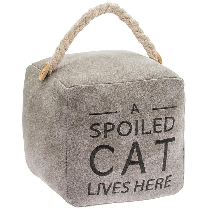 A Spoiled Cat Lives Here Faux Leather Grey Square Door Stop