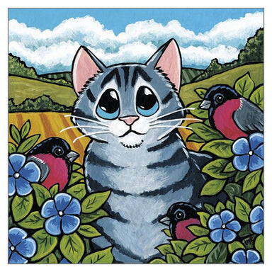'Bullfinch Bush' Cat Greeting Card by Lisa Marie Robinson