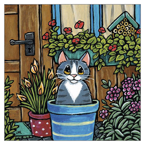 'Potted Cat' Cat Greeting Card by Lisa Marie Robinson
