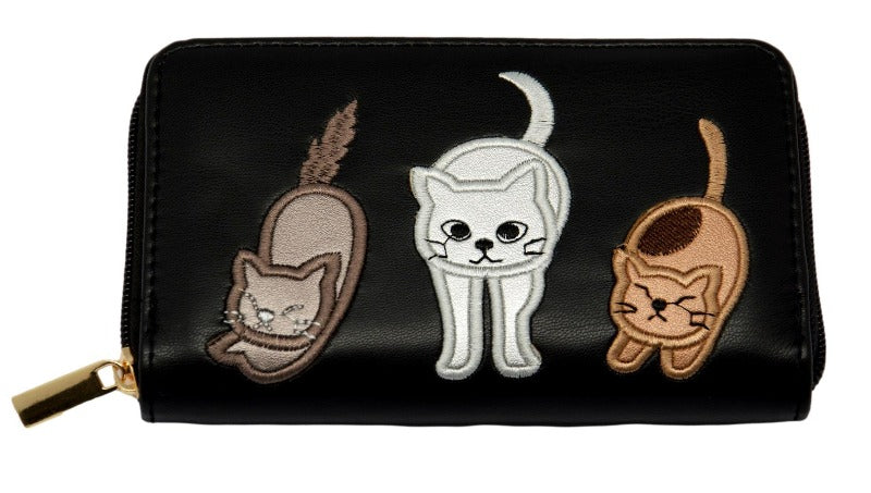 FAUX Leather Embroidered Applique Cats Ladies Purse Black