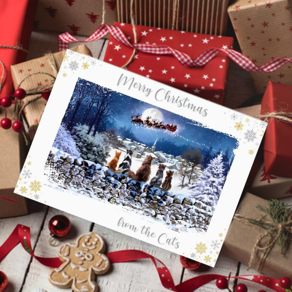 Christmas card with cats and Santa Claus, surrounded by festive decorations and gift boxes.