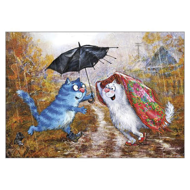 'Old Umbrella' Funny Cat Greeting Card by Rina Zeniuk