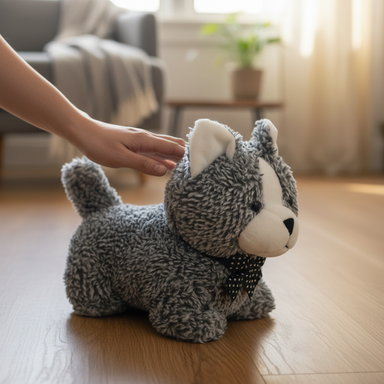 Plush toy cat on a wooden floor with a neutral background